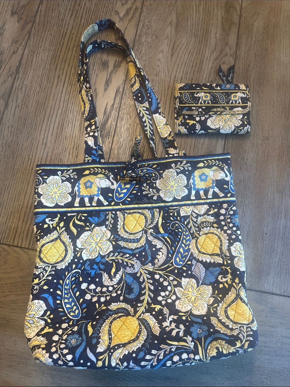 Vera Bradley Ellie Blue Tote Bag & Matching Wallet Set Elephant Retired Vintage